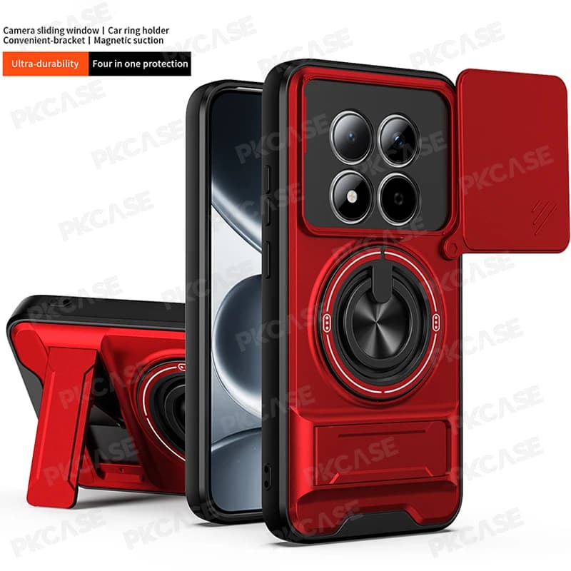 PKCASE Foldable Protective Case with Camera Swivel Support for Redmi Note 15 14 Pro Plus 14s, Cover with Magnetic Ring for Redmi 15 15C A5