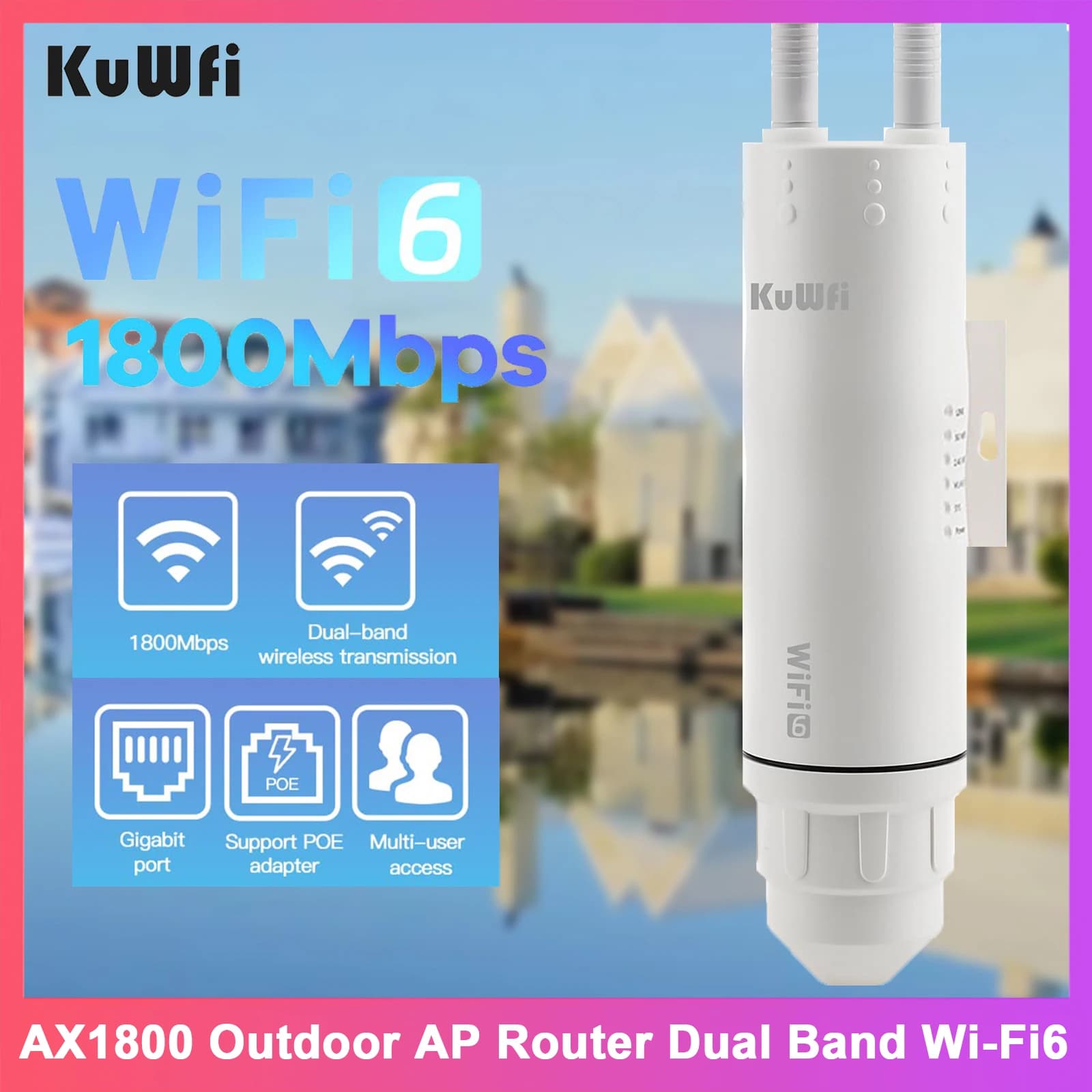 KuWFi AX1800 Router AP esterno 2.4G 5GHz WiFi6 Router Porta Gigabit Ethernet Antenna staccabile Ripetitore AP Modalità MESH per Stalink