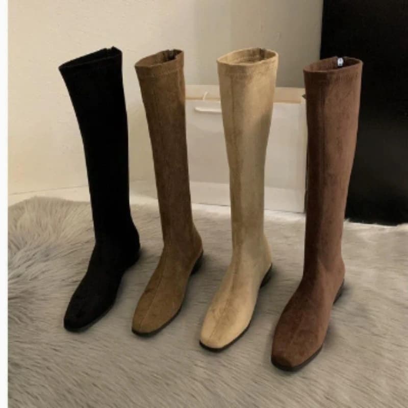 Comemore Women's New Pointed Toe Knee-High Boots Chunky High Heels Autumn Winter Shoes for Women Suede Solid Long Botas Female