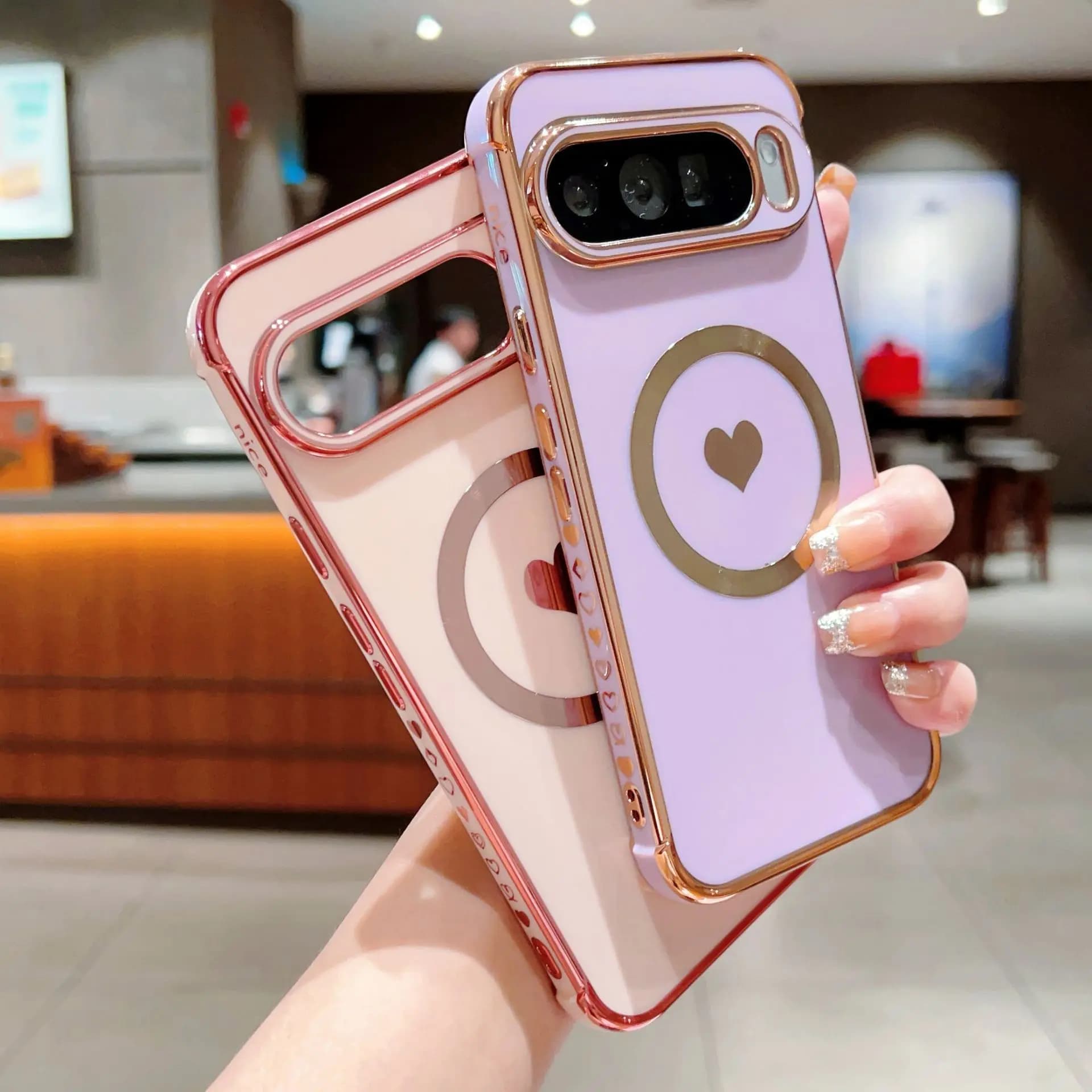 Luxury Plating Love Heart Pattern Soft Phone Case for Google Pixel 8 9 10 Pro XL 10A 9A 8A Magnetic Charging Shockproof Cover