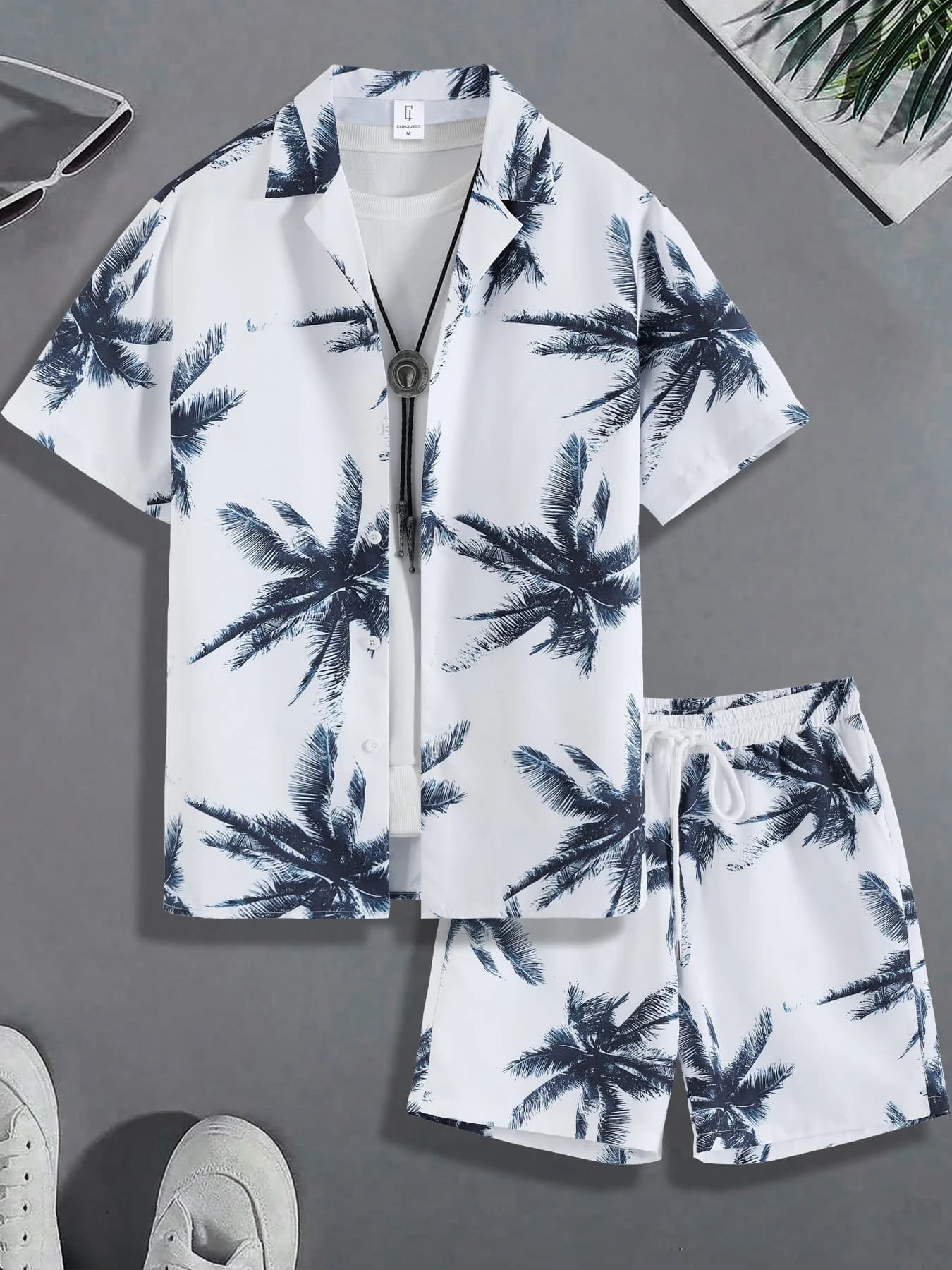 American Retro Beach Set for Men, Shirt with Blue Palm Print and Shorts Matched for Beach Clothing