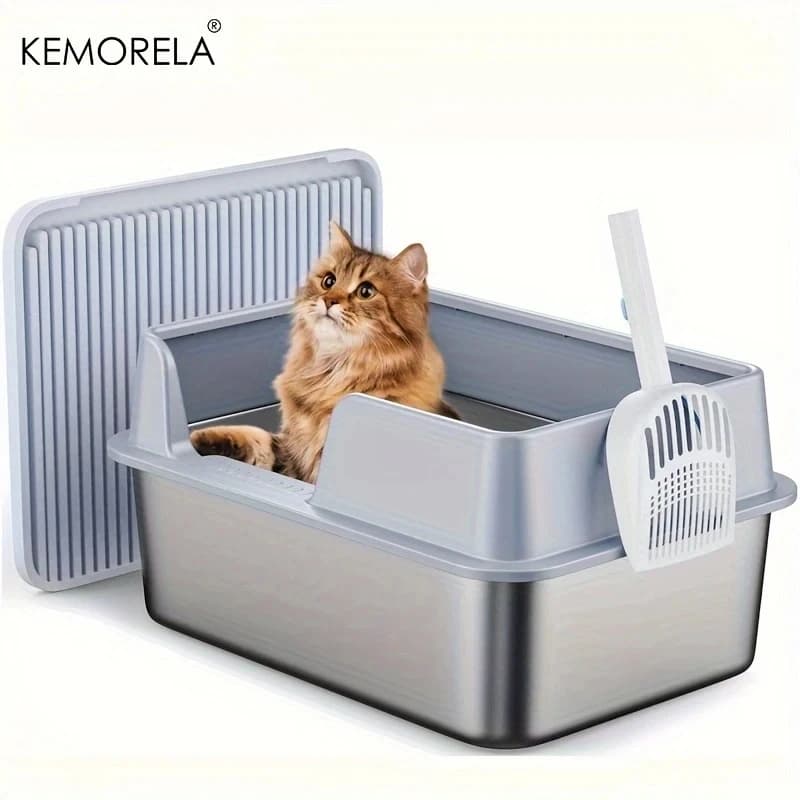 Grande lettiera per gatti in acciaio inossidabile aperta toilette per gatti durevole comoda e facile da pulire con una paletta per lettiera e tappetino per lettiera