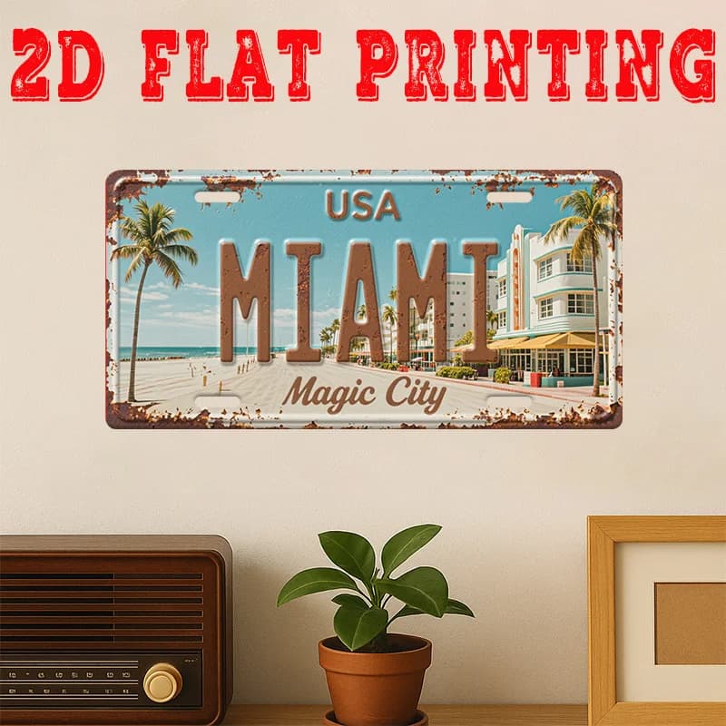 Targa in metallo con stampa 2D a tema Miami (USA) "Magic City", insegna decorativa in alluminio a tema spiaggia tropicale per H
