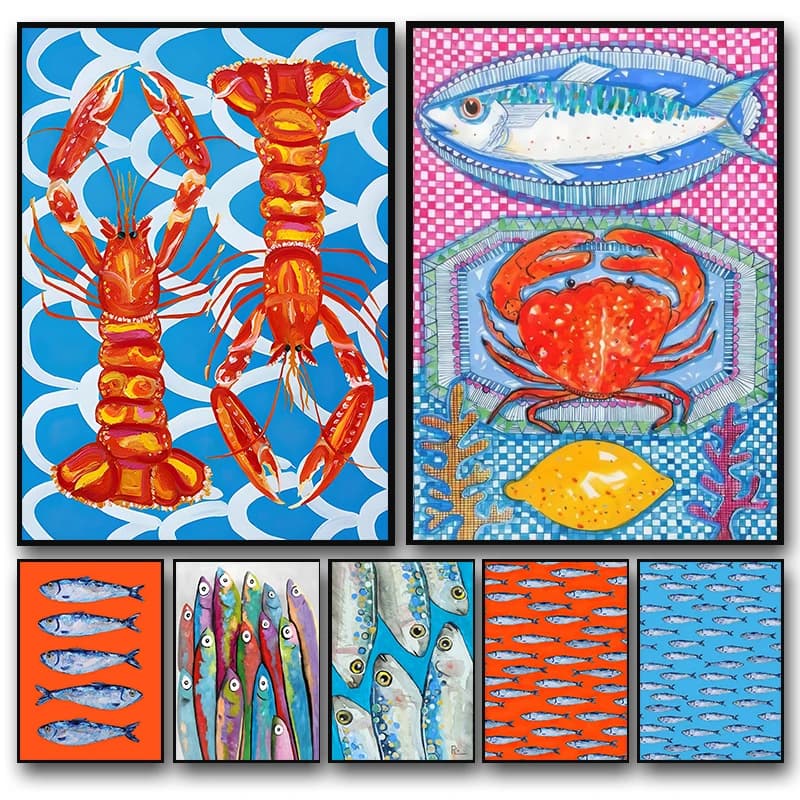 Colorful Sardine Lobster Fish Ocean Animal Art Poster Print Retro Wall Art Diamond Painting Living Room Bar Cafe Decor Picture