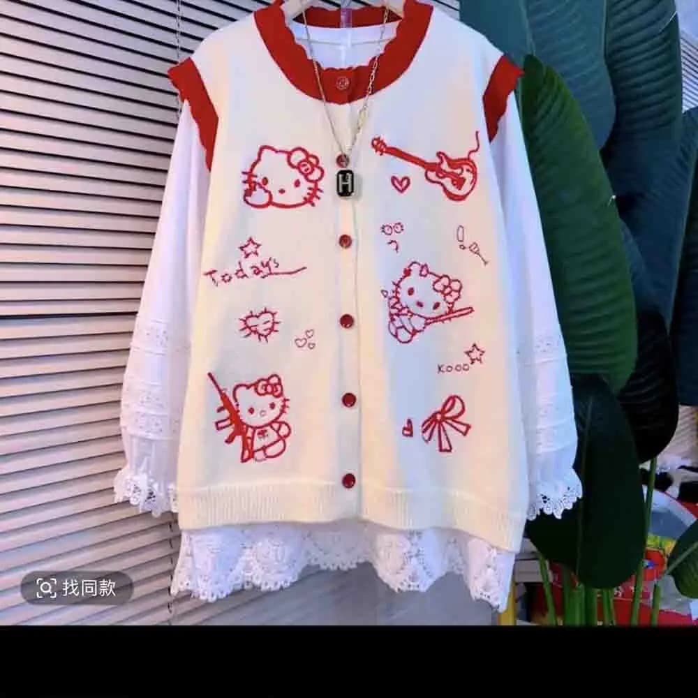 Sanrio Hello Kitty Women's Cute Knitted Tank Top Autumn/winter New Loose Printed Cardigan Large Female Student Kawaii Sweater