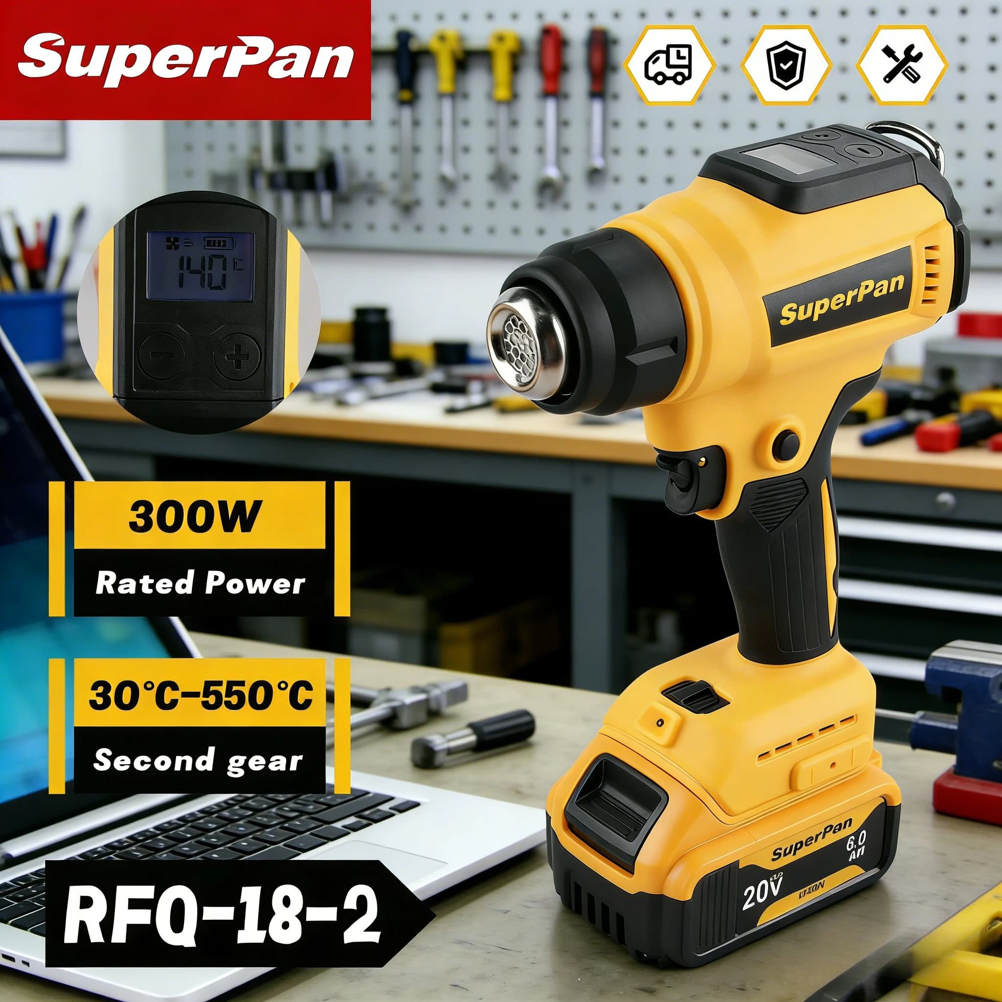 Pistola Termica Senza Fili SuperPan 18V RFQ-18-2, Strumento Compatto per Imballaggio Termoretraibile, Compatibile con Batteria Dewalt 18V