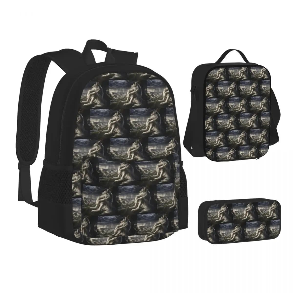 Zaino Emo White Wolf Sitting Sad Meme per Ragazzi e Ragazze, Set Tre Pezzi con Borsa Pranzo e Astuccio