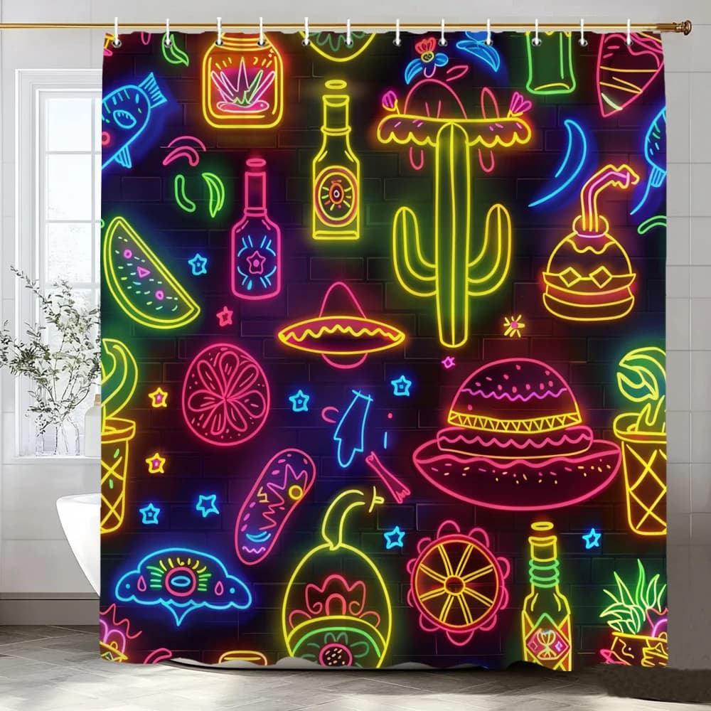 Tenda da doccia con motivo fluorescente al neon creativo a forma di cartone animato, tenda da doccia decorativa per il bagno, tenda da doccia per la casa con ganci