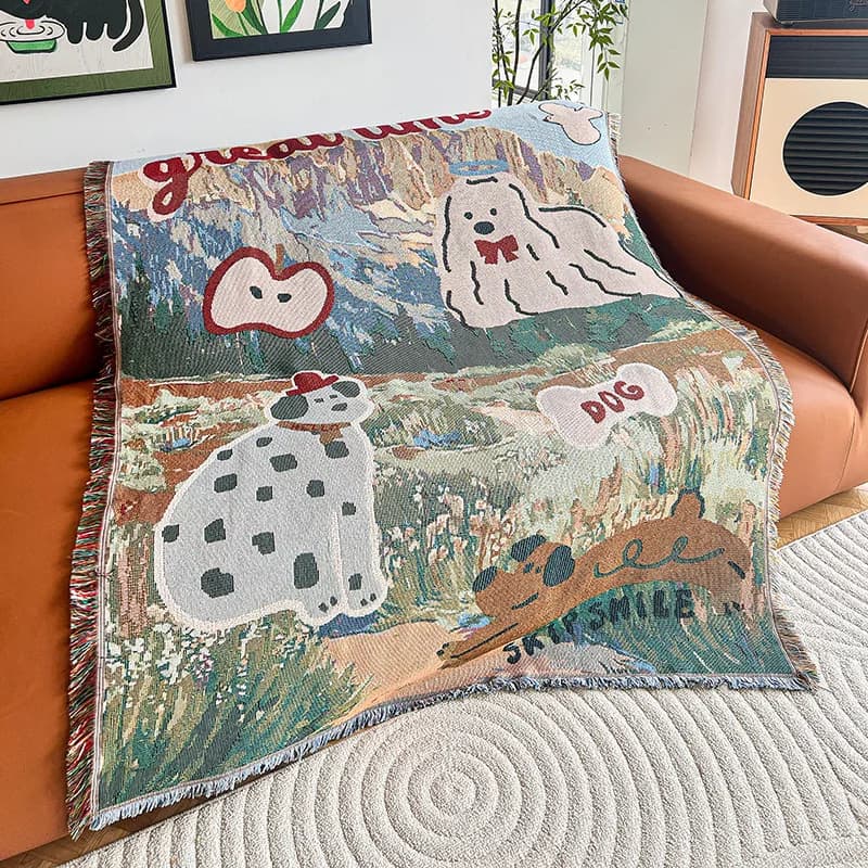 Coperta per divano in cartone animato Illustrazione Stile Arazzo Dormire Pisolino Copri tavolo per il tempo libero Panno Tappeto in filato di cotone Asciugamano universale per divano