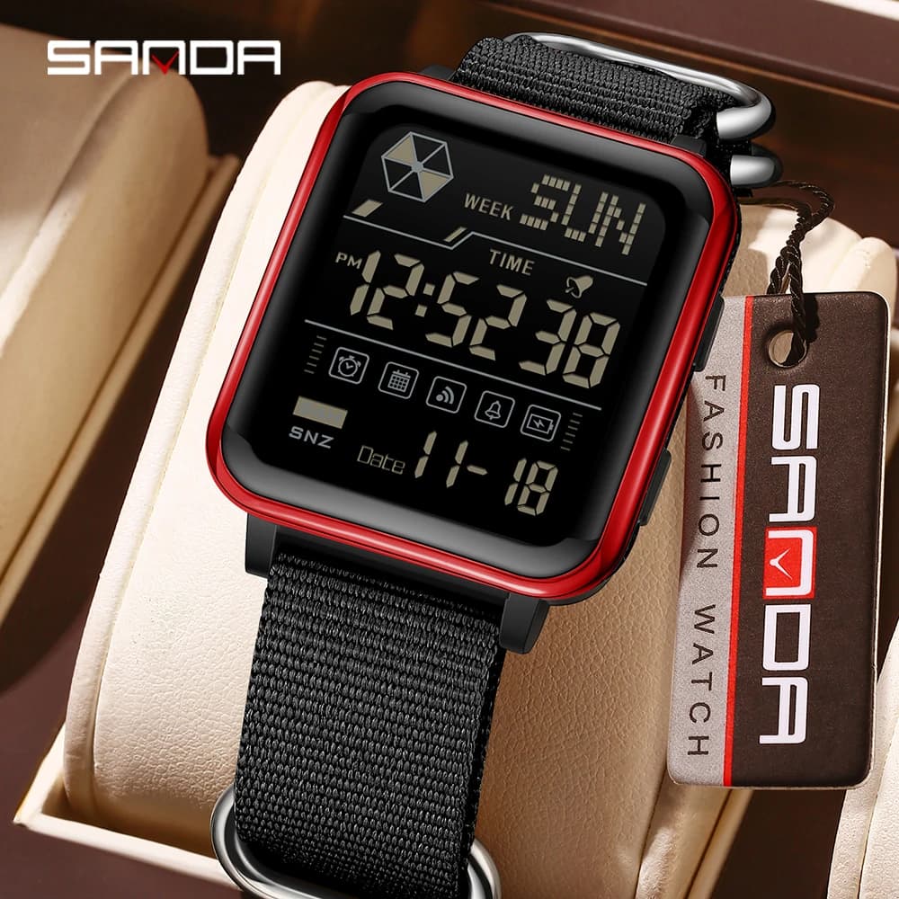 SANDA6159 Orologio elettronico sportivo da uomo e da donna per giovani, impermeabile 5ATM, multifunzionale, ultra sottile, cinturino in nylon