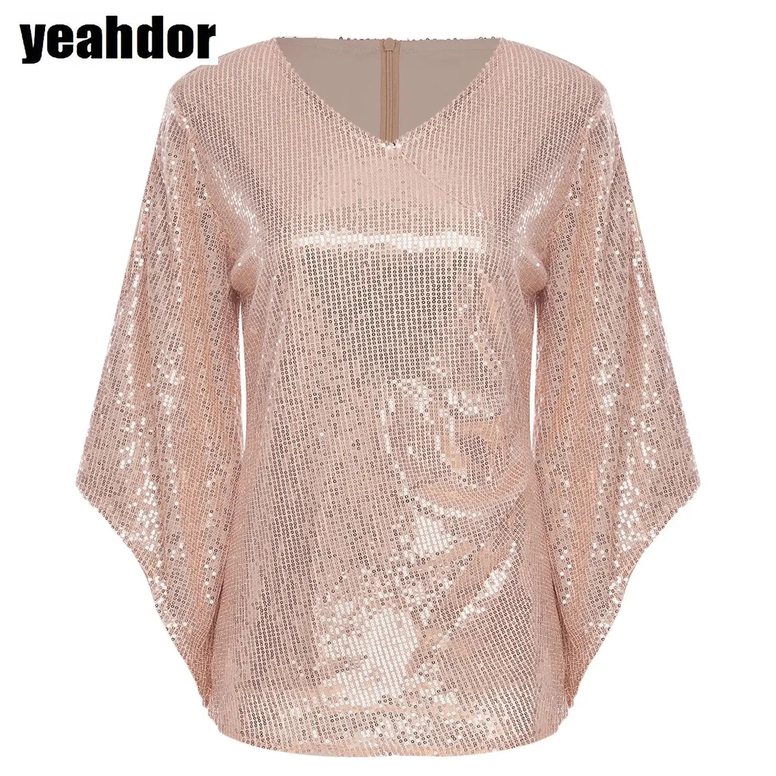 Camicetta da donna con paillettes glitterate Camicia con scollo a V maniche svasate irregolari a 3/4 Camicia pullover completamente foderata Top per cocktail Serate da club