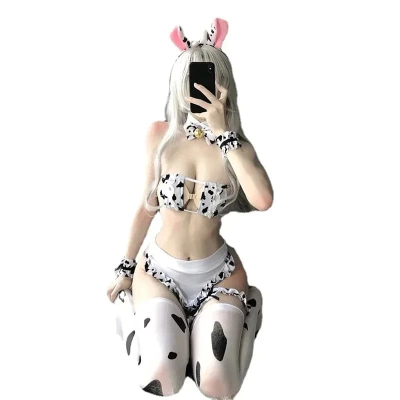 Anime Cos Cow Cosplay Costume sexy da donna Lingerie Cameriera Uniforme Simpatico set di reggiseno e slip Lolita con calze