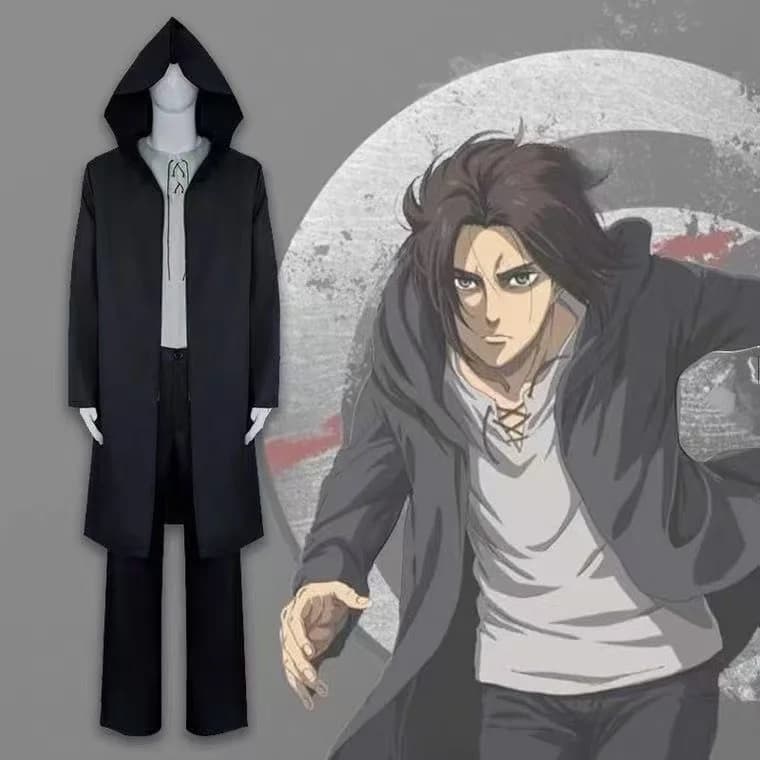 Costume Anime The Attack of the Giants Eren Jaeger, T-shirt with Hood Black, Trousers, Halloween and Carnival clothing