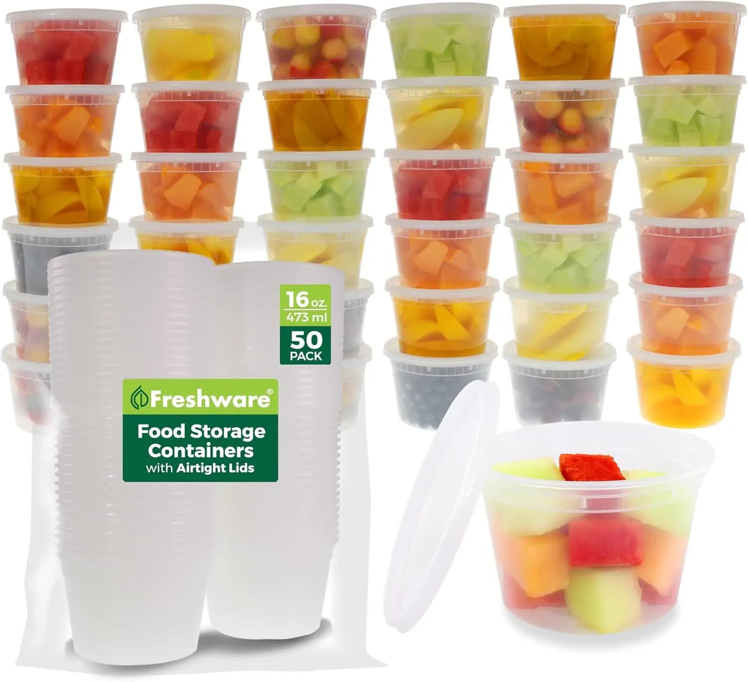 Confezione da 50 Contenitori per Alimenti in Plastica Senza BPA da 16 oz con Coperchi, Ermetici e Adatti per Microonde/Lavastoviglie/Congelatore per Preparazione Pasti