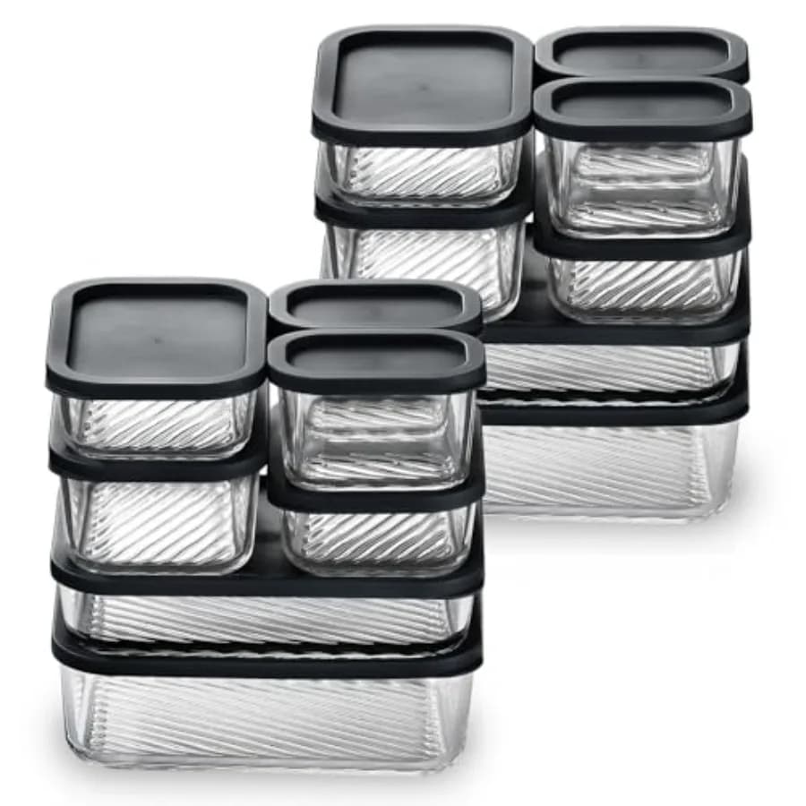 Contenitori in Vetro per Preparazione Pasti con Base Scanalata, Impilabili, Senza BPA, con Coperchi per Pranzo, Dispensa e Cucina