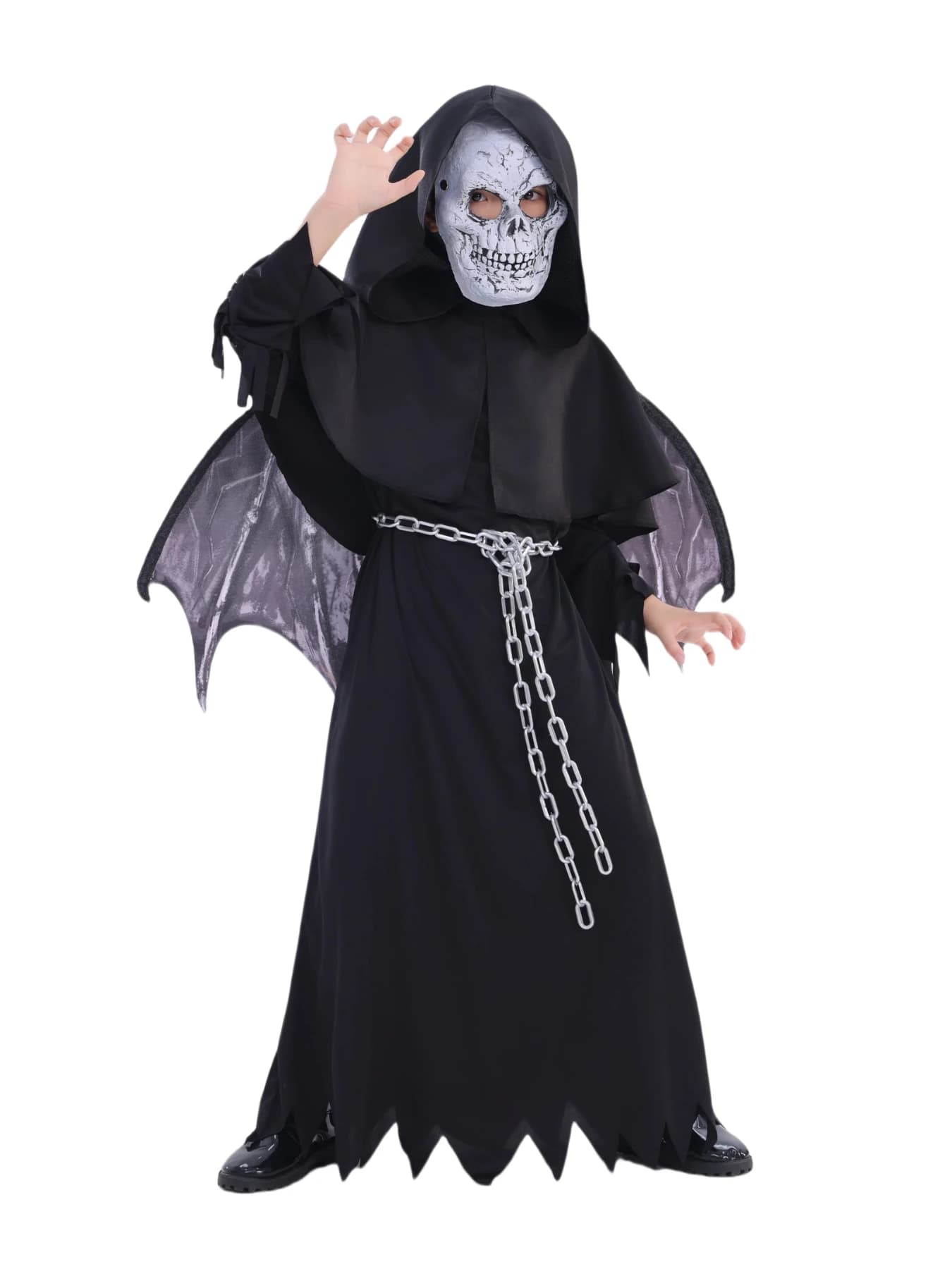Kids Winged Grim Reaper Costume Set: Robe, Shawl, Chain Belt, Wings & Mask. Ideal for Halloween, Cosplay Parties & Role-play.