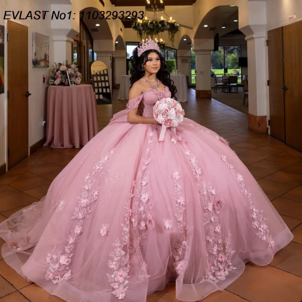 EVLAST Personalizzato Glitter Rosa Abito Quinceanera Abito di Sfera Applique Floreale Perline di Cristallo Dolce 16 Abiti Da 15 Anos E1QN822
