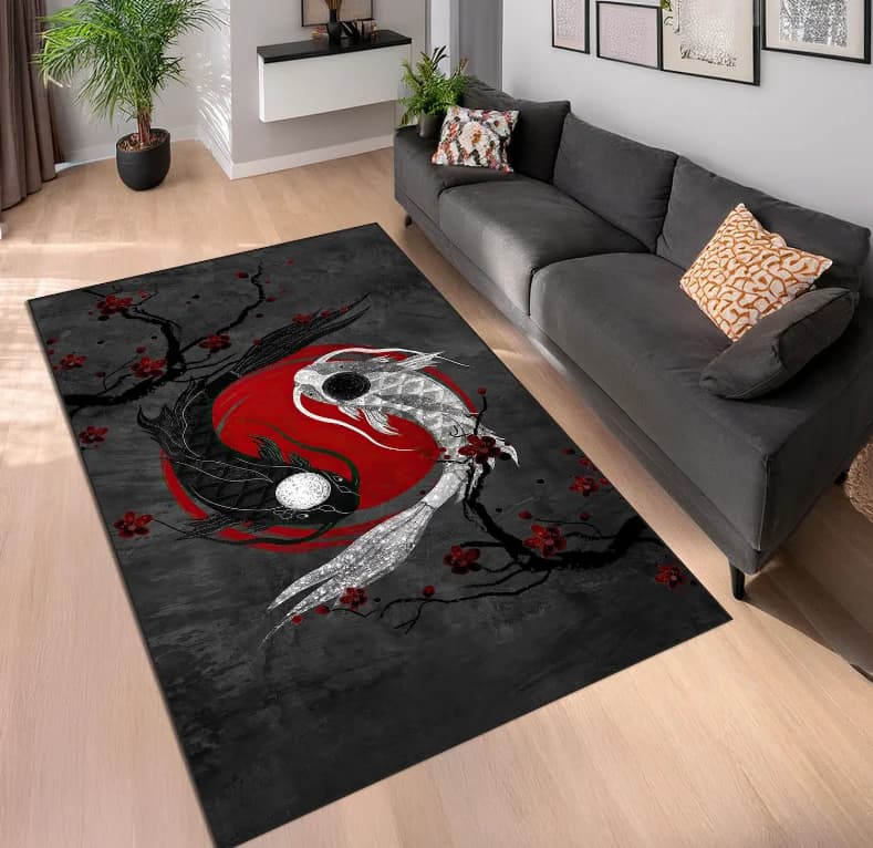 Yin Yang Koi Fish Rug, Japanese Cherry Blossom Carpet, Asian Art Floor Mat Living Room, Bedroom, Home Decor, Carpet