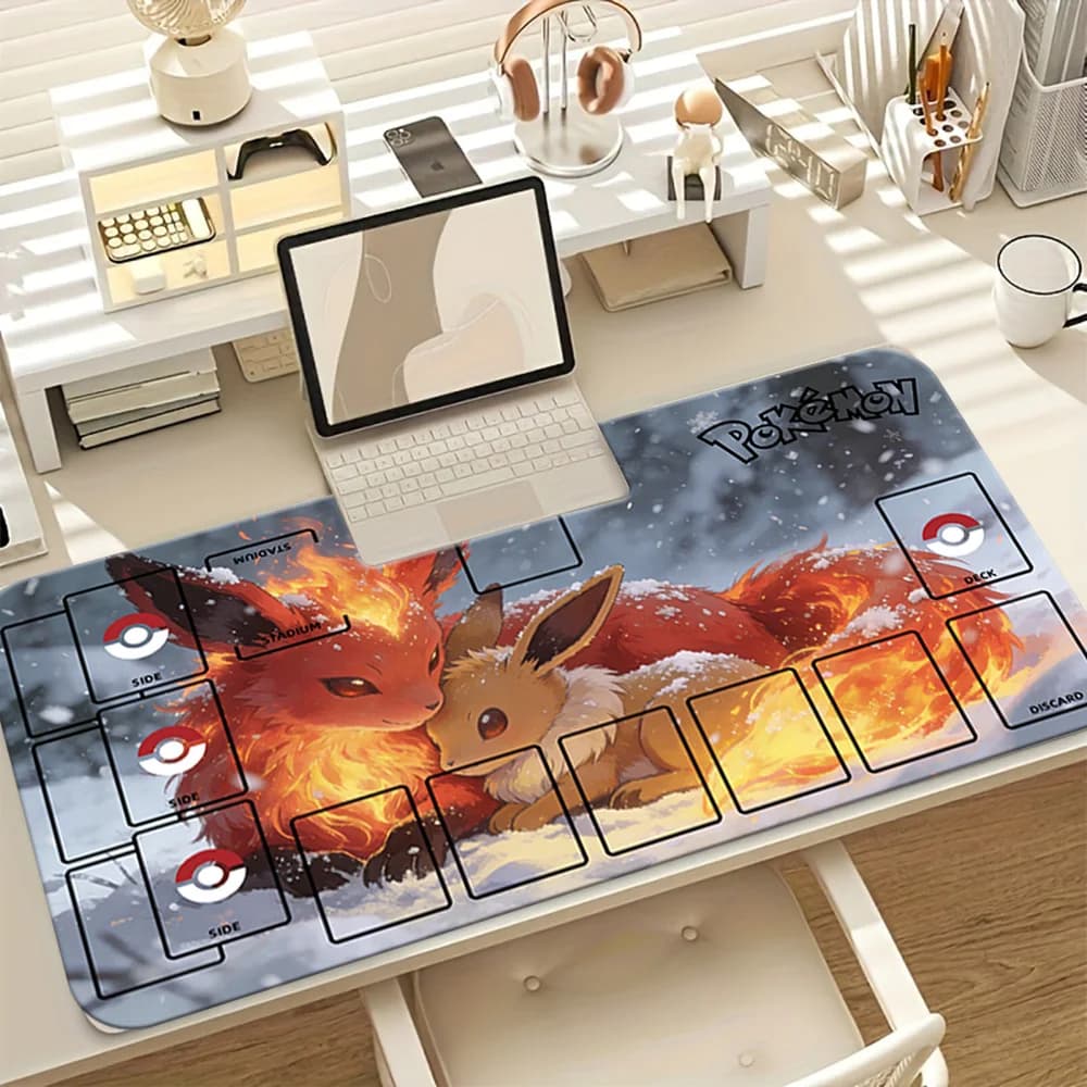Tappetino da gioco Flareon Eevee Winter Pokemon TCG, tappetino per mouse da gioco grande ed esteso con zone per le carte, tappetino da scrivania antiscivolo per giochi di carte collezionabili