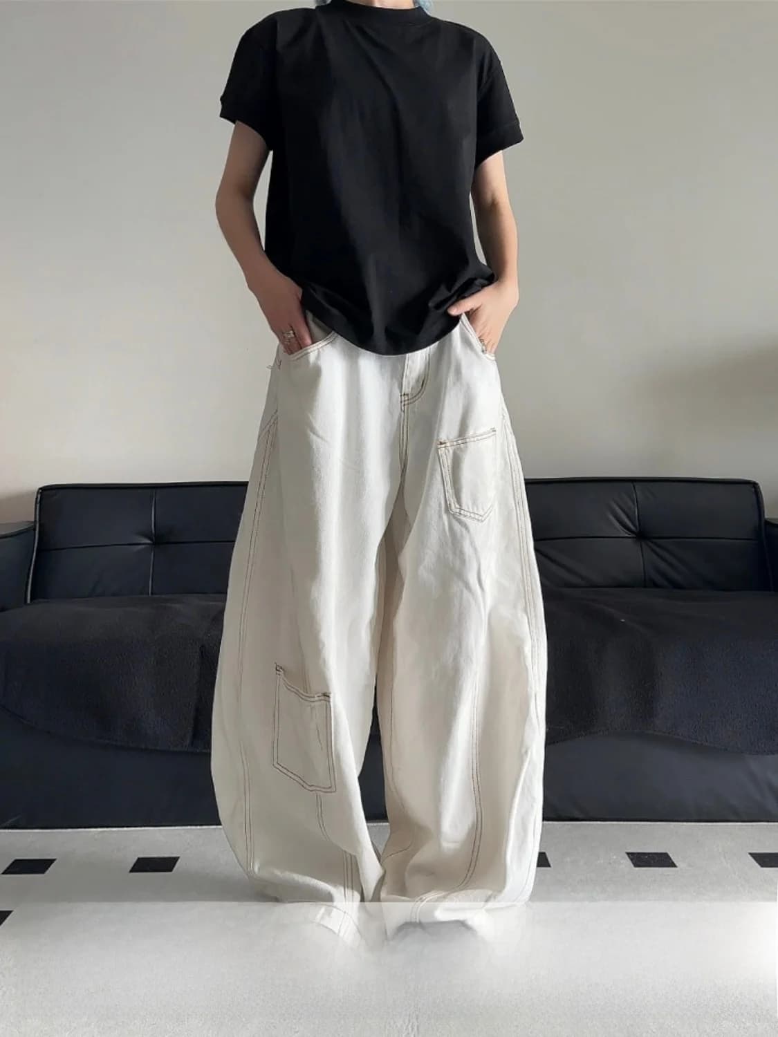 Jeans Larghi con Tasche a Sacchetto Uomo Donna, Pantaloni Casual in Cotone a Gamba Larga, Stile American Street, Multi-tasche, Non Resta mai Risvegliato Tardi