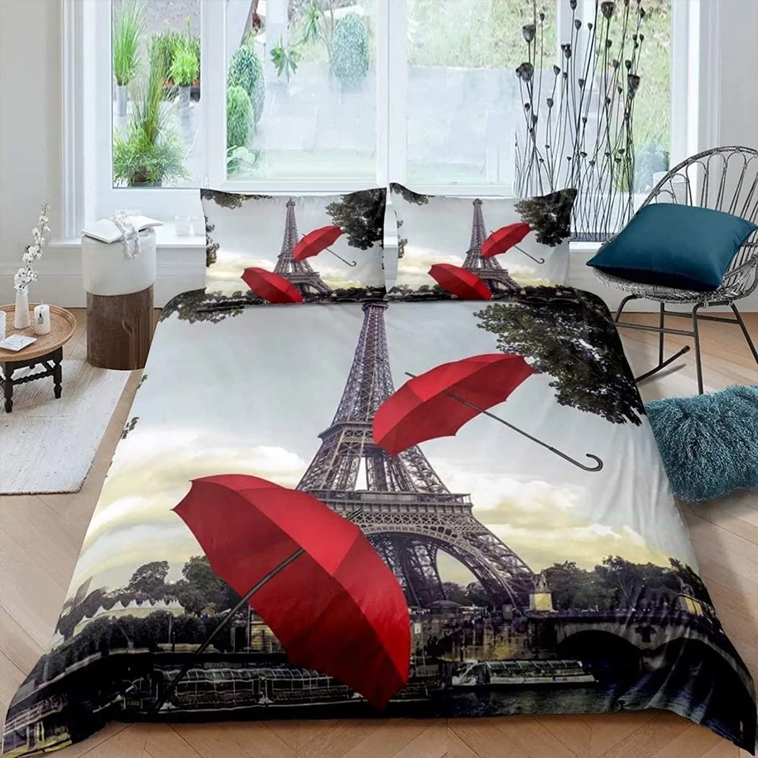 Set biancheria da letto vintage Paris Torre Eiffel - Stampa ombrellone rosso, copripiumino in microfibra, dimensioni doppie a King, morbido e traspirante