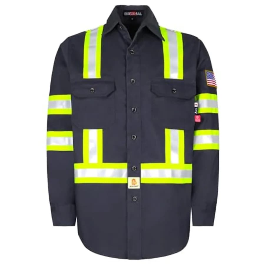Camicie ad Alta Visibilità BOCOMAL FR con Bottoni 7.5oz ANSI/ISEA Tipo O Classe 1 Giacca di Sicurezza Ignifuga Riflettente