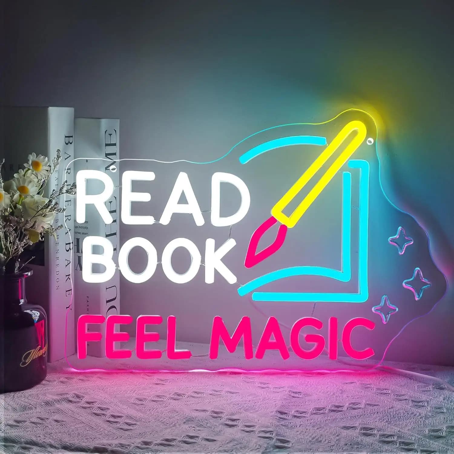 Insegna al Neon 'Read Book Feel Magic' con Luci USB Dimmerabili per Biblioteca, Aula, Sala Lettura, Libreria, Decorazione e Regali per Amanti dei Libri