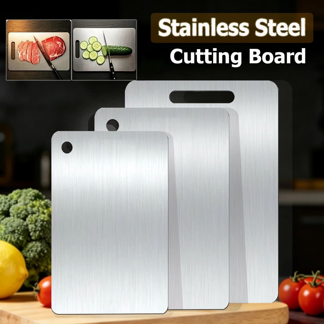 Tagliere in Acciaio Inossidabile 304 per Cucina, Doppio Lato, Grado Alimentare, Spesso, Portatile, per Carne, Utensili da Cucina