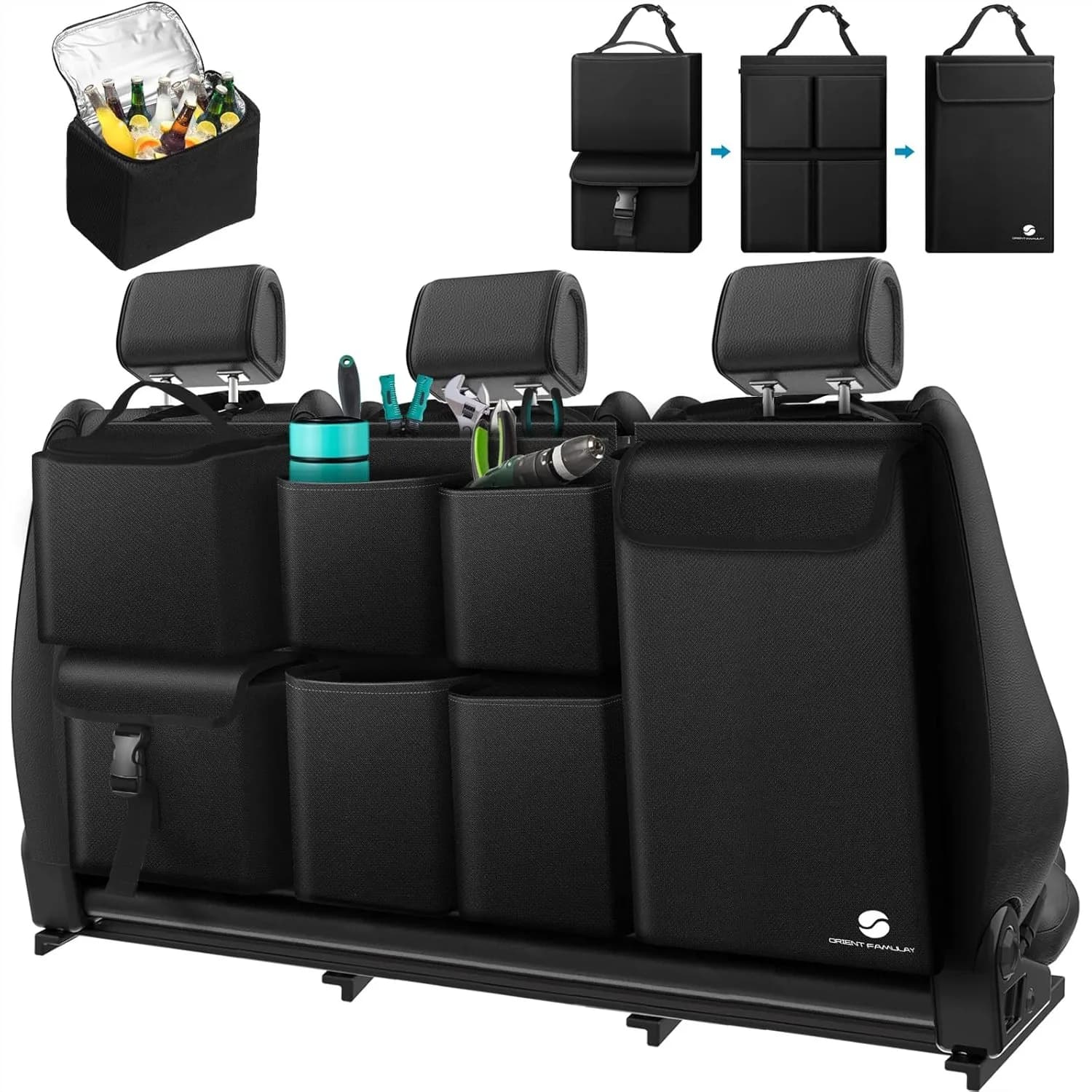 Organizer da appendere per bagagliaio auto con scomparto termico, tasche grandi, cerniere, contenitore impermeabile per SUV, Jeep, Nero