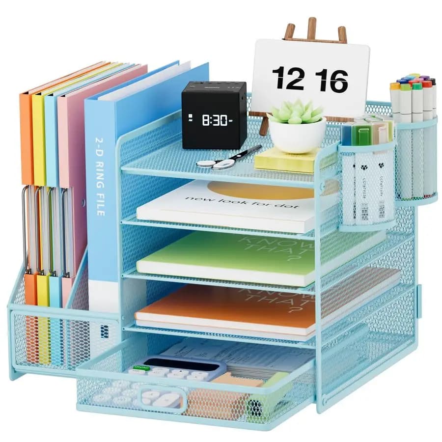 Organizer da Scrivania con Portadocumenti, Portalettere a 5 Livelli con Cassetto e 2 Portapenne, Organizer da Scrivania in Rete e Contenitore