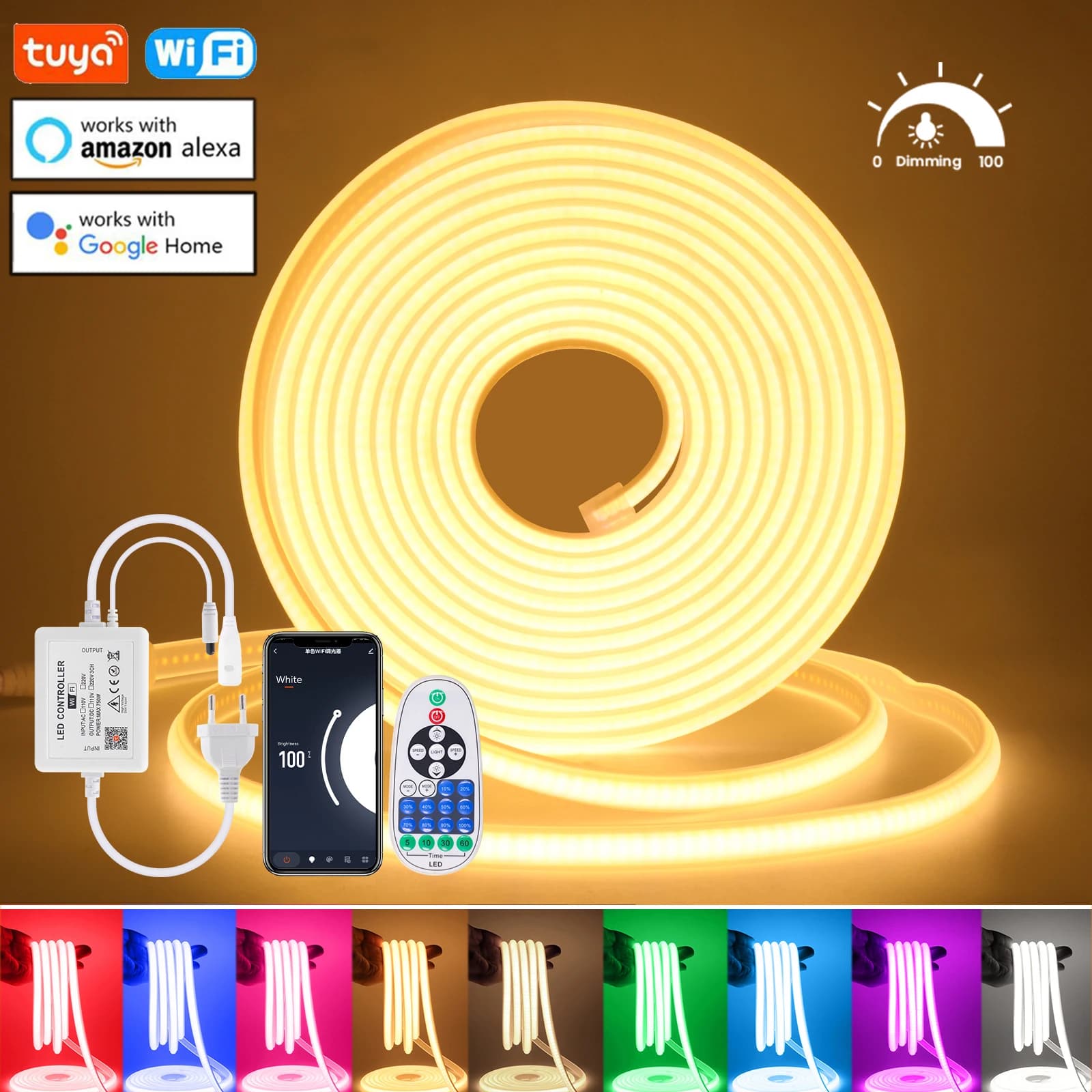 Tuya WIFI Alexa Controllo Dimmerabile COB Luce Al Neon 220V Bianco Rosso Ghiaccio Blu Rosa Giallo Viola Verde Nastro Impermeabile Striscia LED