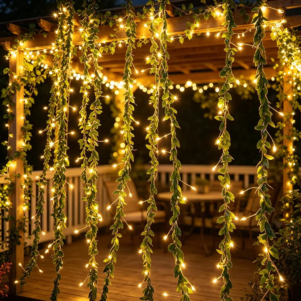 Luci a Batteria per Matrimoni e Feste, Decorazione Esterna, 20/50 LED, Ghirlanda Luminosa a Foglie Verdi per Casa e Stanza
