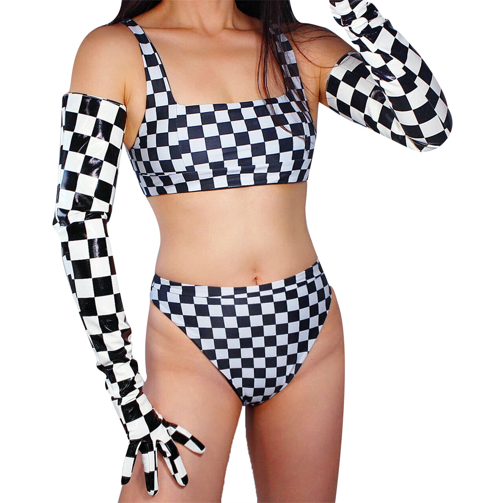DooWay Guanti lunghi da donna in lattice a scacchiera in ecopelle 70 cm Guanti da dito bianchi neri Festa serale Cosplay Spogliatoio Halloween