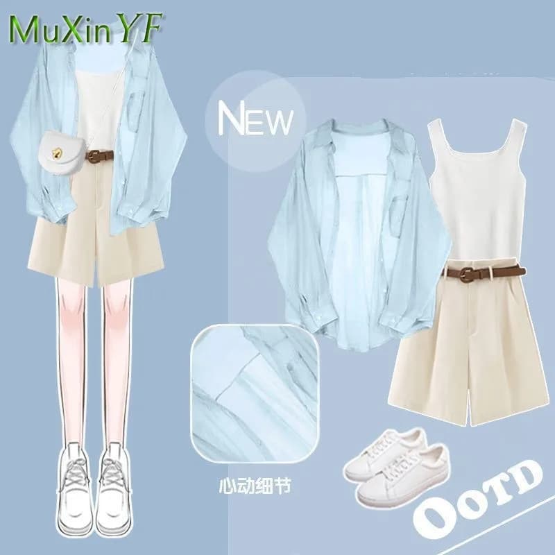 Women's Summer Shorts Suit 2026 New Fashion Sunscreen Shirt Tank Top Casual Pants Three Piece Korean Elegant Blouse Matching Set