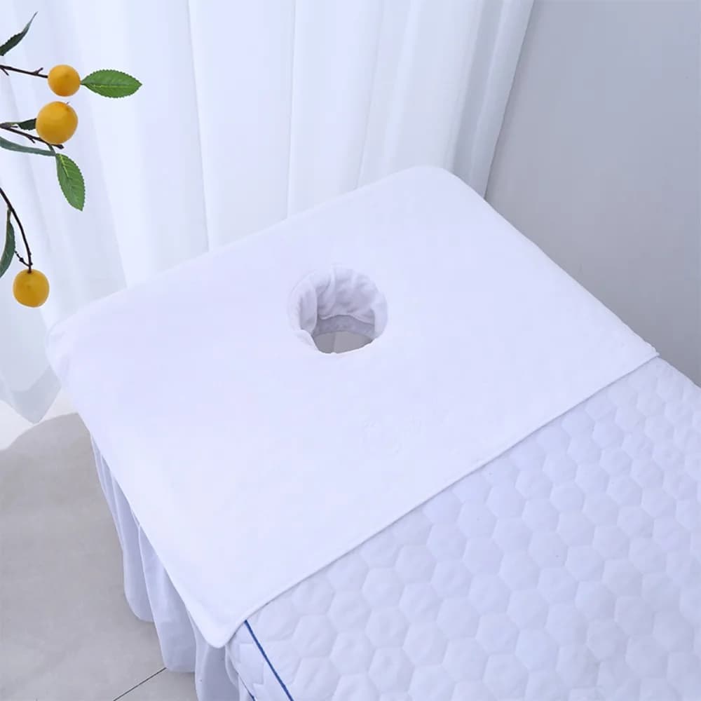 Telo da massaggio riutilizzabile in cotone e poliestere 35 x 90 cm, lavabile, per salone di bellezza, spa, con foro per la testa, bianco.