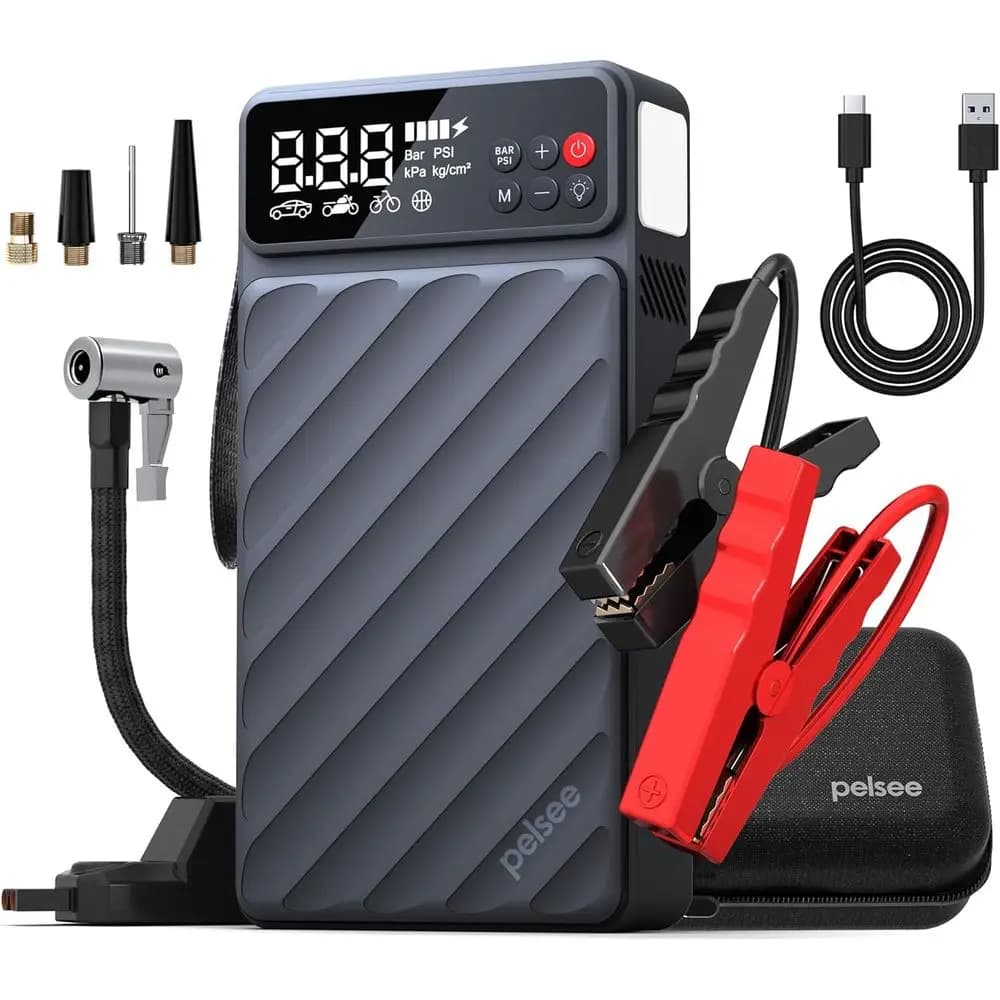 Avviatore d'Emergenza Portatile per Auto da 20000mAh con Compressore d'Aria, Ricarica Rapida 45W, Monitoraggio Pressione Pneumatici e Cavi di Avviamento