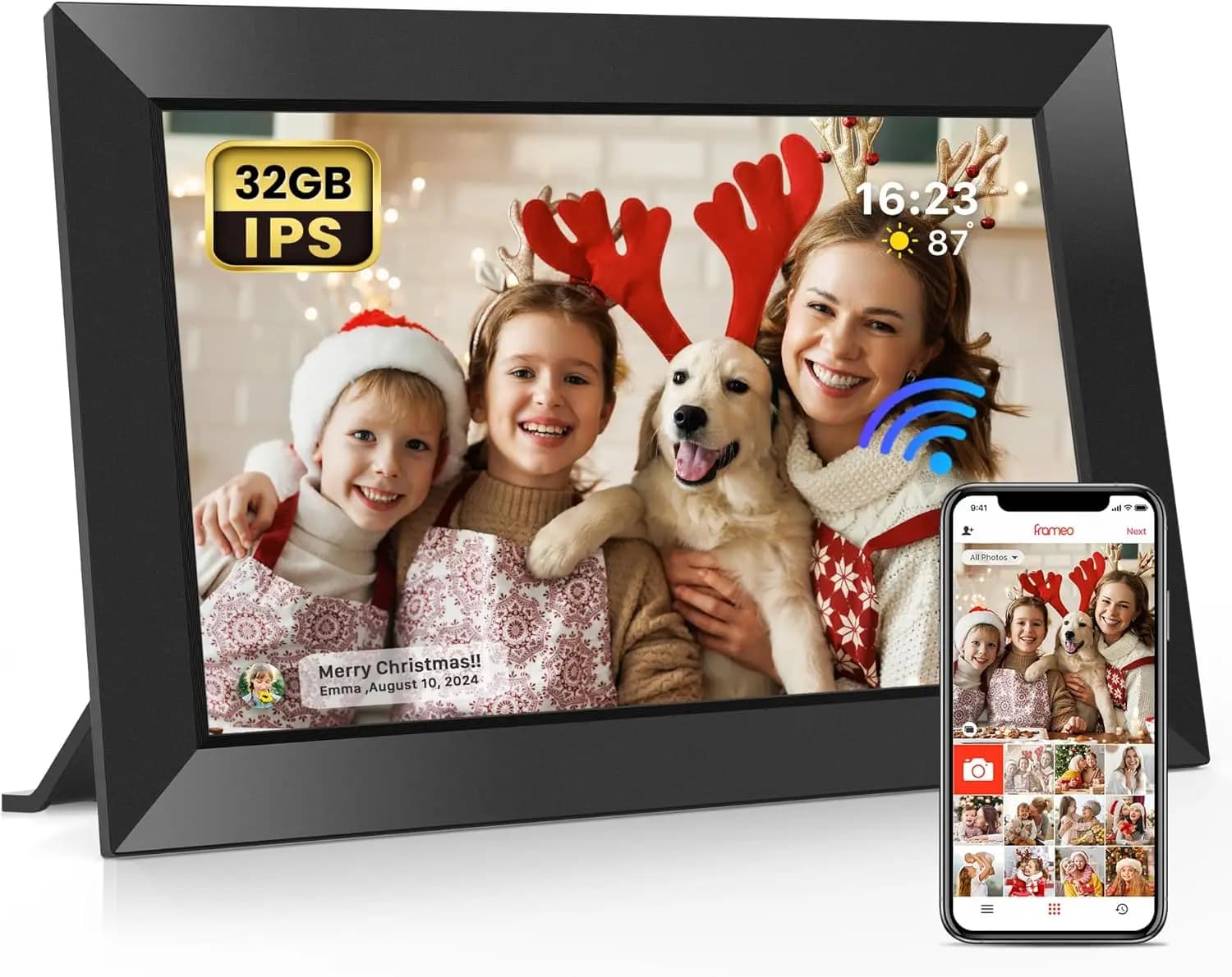 Cornice digitale WiFi da 10,1 pollici con memoria da 32 GB, schermo touch IPS 1280x800, rotazione automatica, condivisione foto/video tramite app
