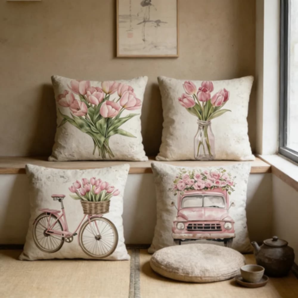 Pink Tulip Floral Pillowcase Sofa Bedroom Cushion Cover Single-Sided Printing No Pillow Core Included