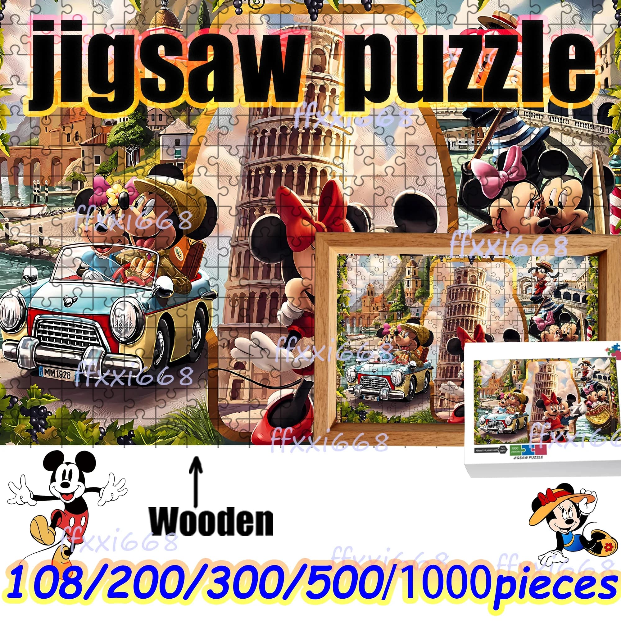 Puzzle in Legno di Topolino e Minnie da 108/200/300/500/1000 Pezzi, Gioco Divertente di Alta Qualità per Feste e Regali