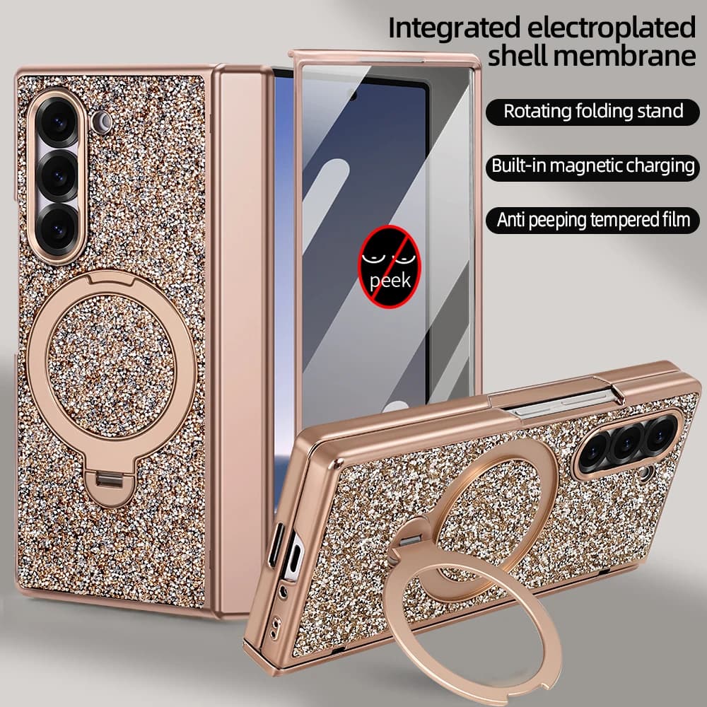 Custodia Magnetica Girevole a 360° di Lusso Lucida con Supporto per Samsung Z Fold 7 6, Protezione Completa e Protezione Schermo in Vetro Temperato con Cavalletto