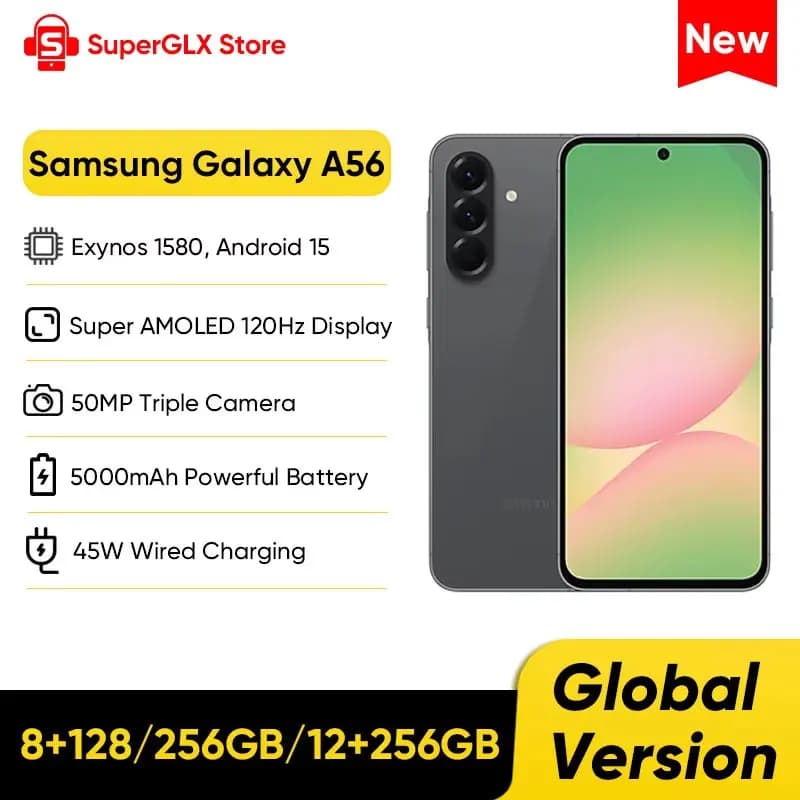 100% originale nuovo Samsung Galaxy A56 5G Smartphone Exynos 1580 6.7 "Super AMOLED 120Hz Display 50MP Fotocamera 5000mAh 45W Carica