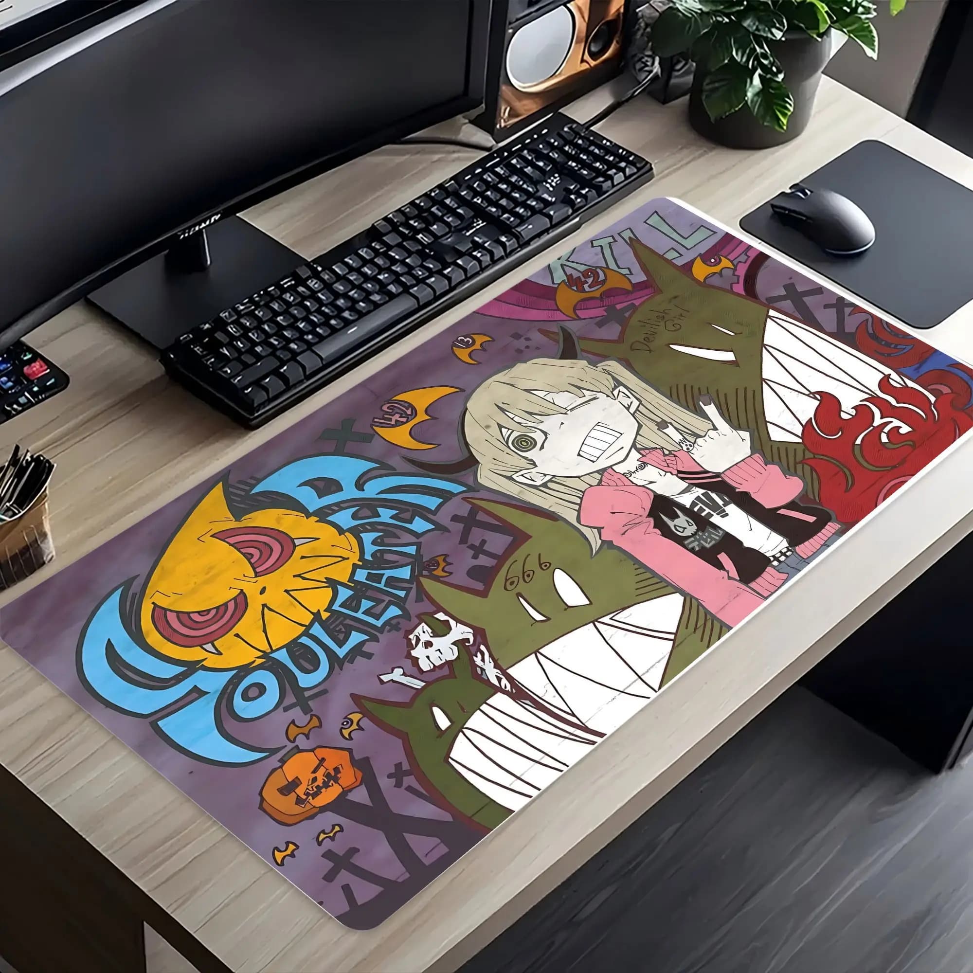 Tappetino per Mouse da Gaming con Ragazza Anime di Halloween, Grande Tappetino Antiscivolo con Design Spaventoso e Graffiti per Giocatori e Ufficio