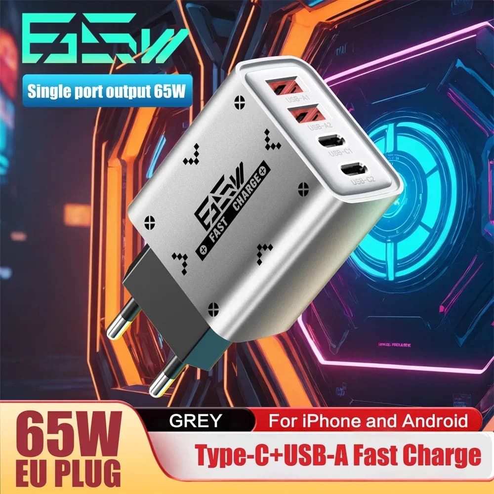 65W USB C Fast Charger 4Port 2USB 2Type-C PD QC3.0 Mobile Phone Travel Wall Adapter for iPhone Samsung Xiaomi EU US Plug Charger
