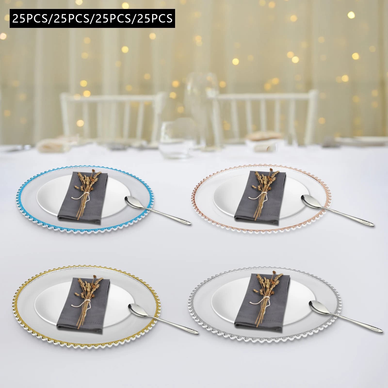 Eleganti piatti caricabatterie con perline, set di 25 per banchetti di nozze, cene, eventi, oro, rosa, oro, argento, blu, servizio decorativo