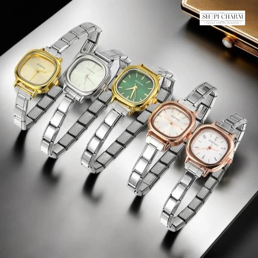 Shops Fashionable Wrist Watch Silver Square Gold Stainless Steel Bracelet with Italian Pendants Women's Quartz Drop Transport Wholesale