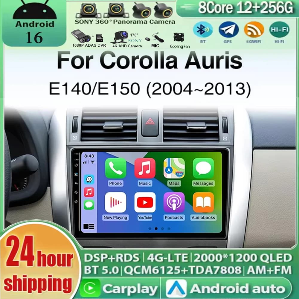 Autoradio Android 16 per Toyota Corolla E140 E150 Auris 2005-2013, Lettore Multimediale con Android Auto, Carplay, Navigazione e 4G
