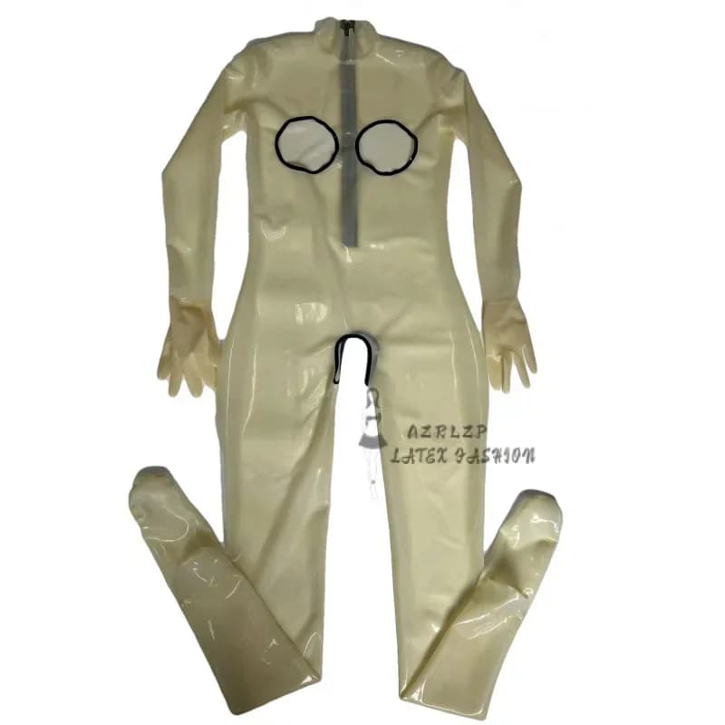 Catsuit donna in lattice di gomma con foro per il seno e foro sul cavallo attaccato calzini e guanti body