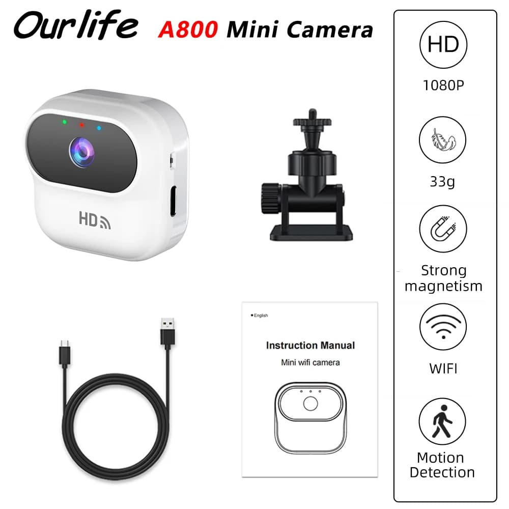 Ourlife A800 Mini Telecamera 1080P WiFi, Videocamera di Sicurezza Domestica Intelligente con Monitoraggio e Tracciamento del Movimento