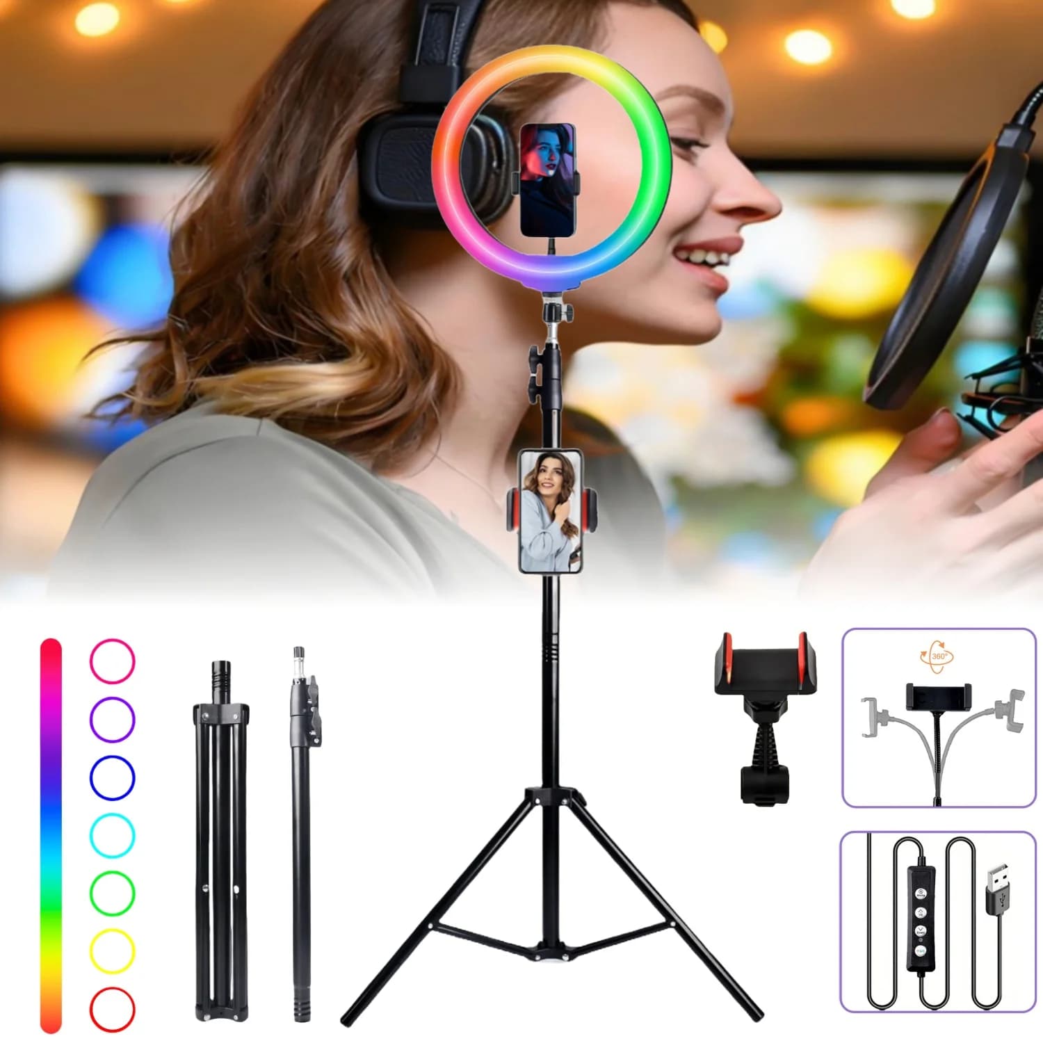 Treppiede con Luce ad Anello RGB da 63 Pollici (12 Pollici di Altezza) con Tubo di Estensione, 2 Supporti Regolabili per Telefono, Asta Selfie da 160 cm