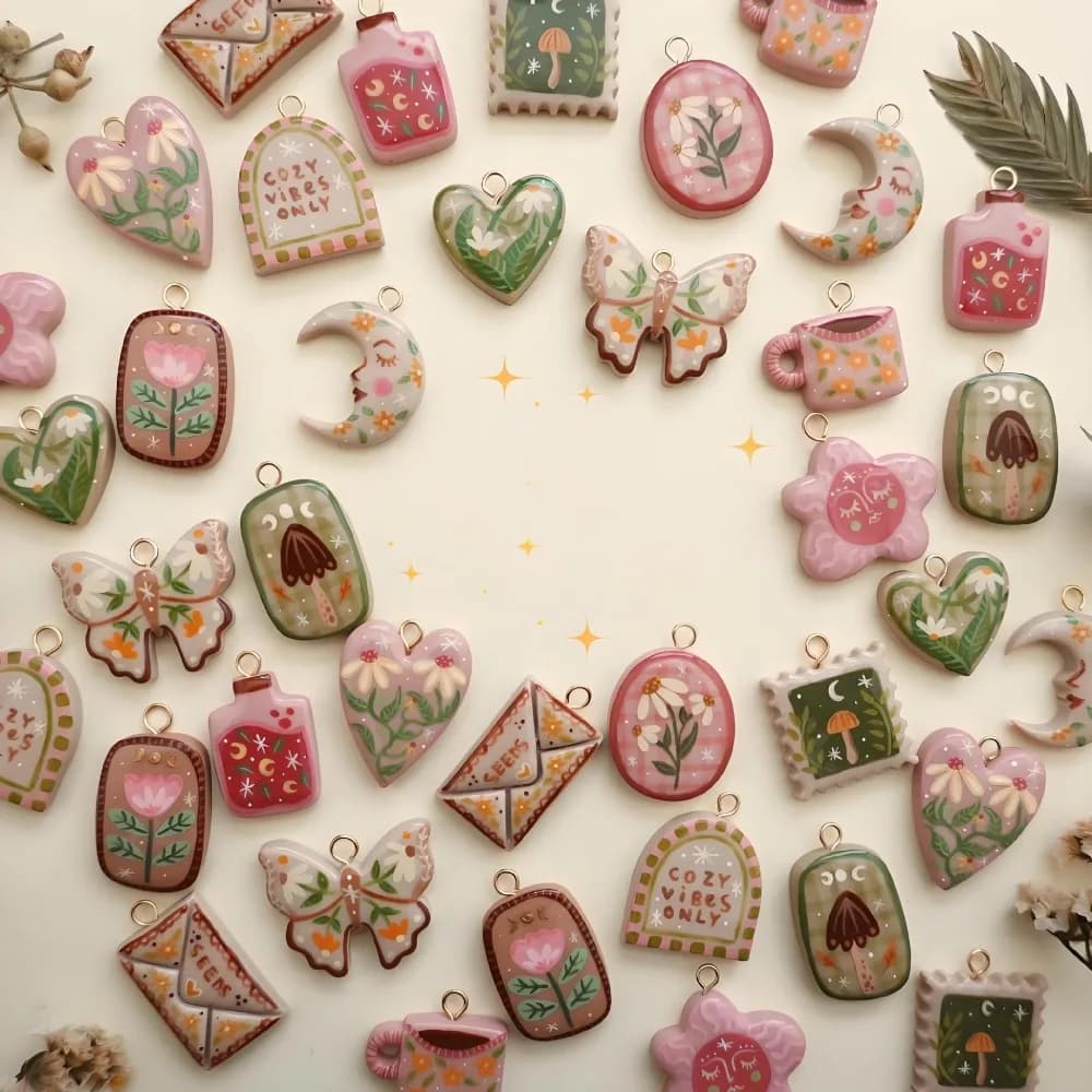 1 Pezzo Ciondolo Boho Floreale a Cuore, Farfalla e Luna, Smaltato Dipinto a Mano, per Collane, Portachiavi e Accessori Moda Fai da Te